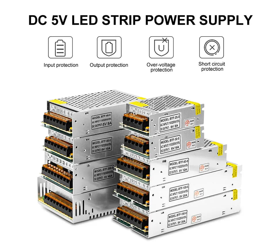 DC5V 2A 3A 4A 5A 8A 10A 12A 20A 30A 40A 60A Switch LED Power Supply Transformers Adapter WS2812B WS2801 SK6812 SK9822 LED Strip