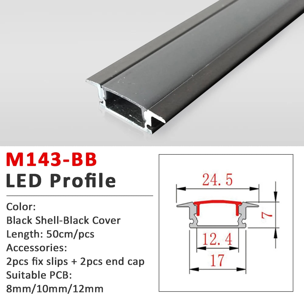 50CM LED Strip Light  Aluminium Profile Channel Silvery Black Diffuser PC Cover for 8mm/10mm/12mm Bar Cabinet Linear Lamp Decor