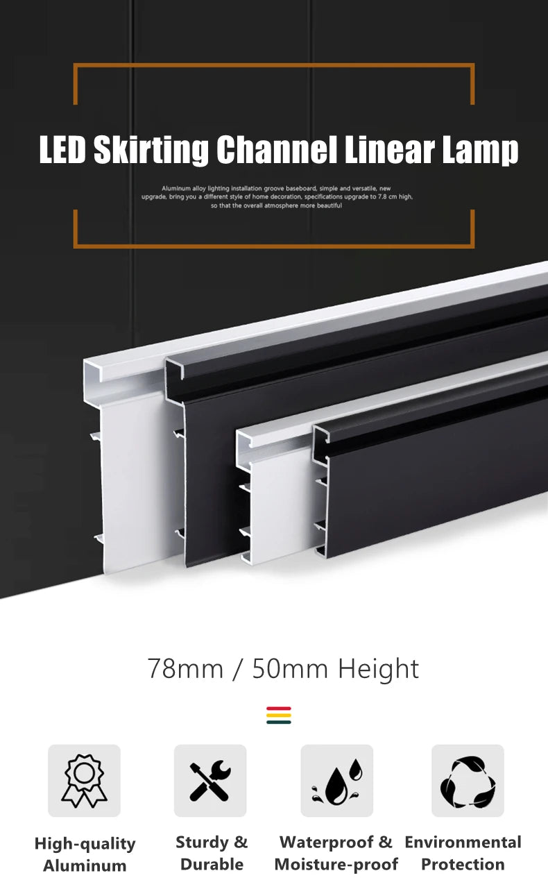 LED Aluminium Profile Baseboard 50/78mm 0.5M/1M Customized Hard Bar Light Suface Mounted Skirting Channel Linear Led lights