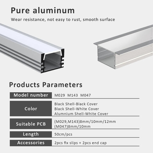 50CM LED Strip Light  Aluminium Profile Channel Silvery Black Diffuser PC Cover for 8mm/10mm/12mm Bar Cabinet Linear Lamp Decor
