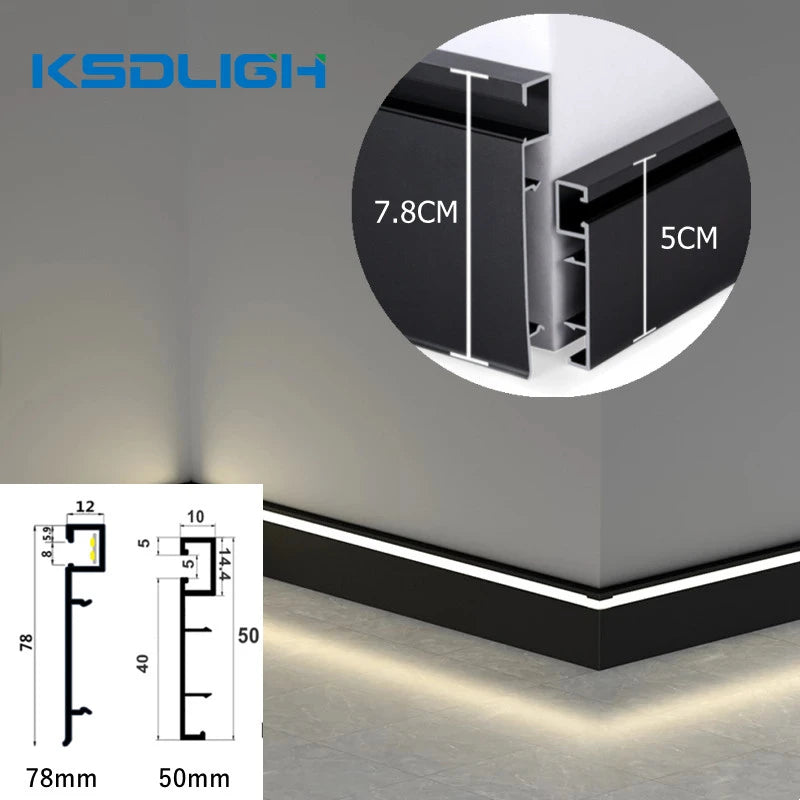 LED Aluminium Profile Baseboard 50/78mm 0.5M/1M Customized Hard Bar Light Suface Mounted Skirting Channel Linear Led lights