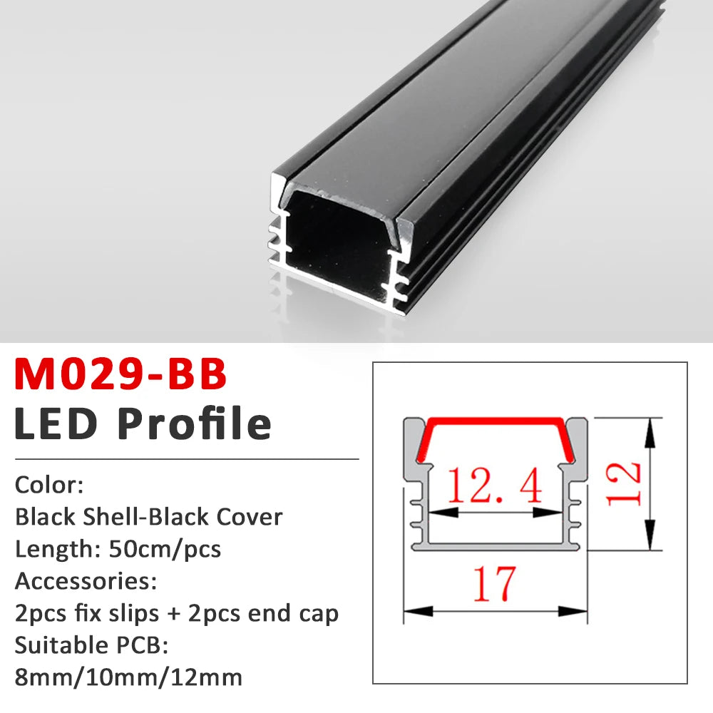50CM LED Strip Light  Aluminium Profile Channel Silvery Black Diffuser PC Cover for 8mm/10mm/12mm Bar Cabinet Linear Lamp Decor