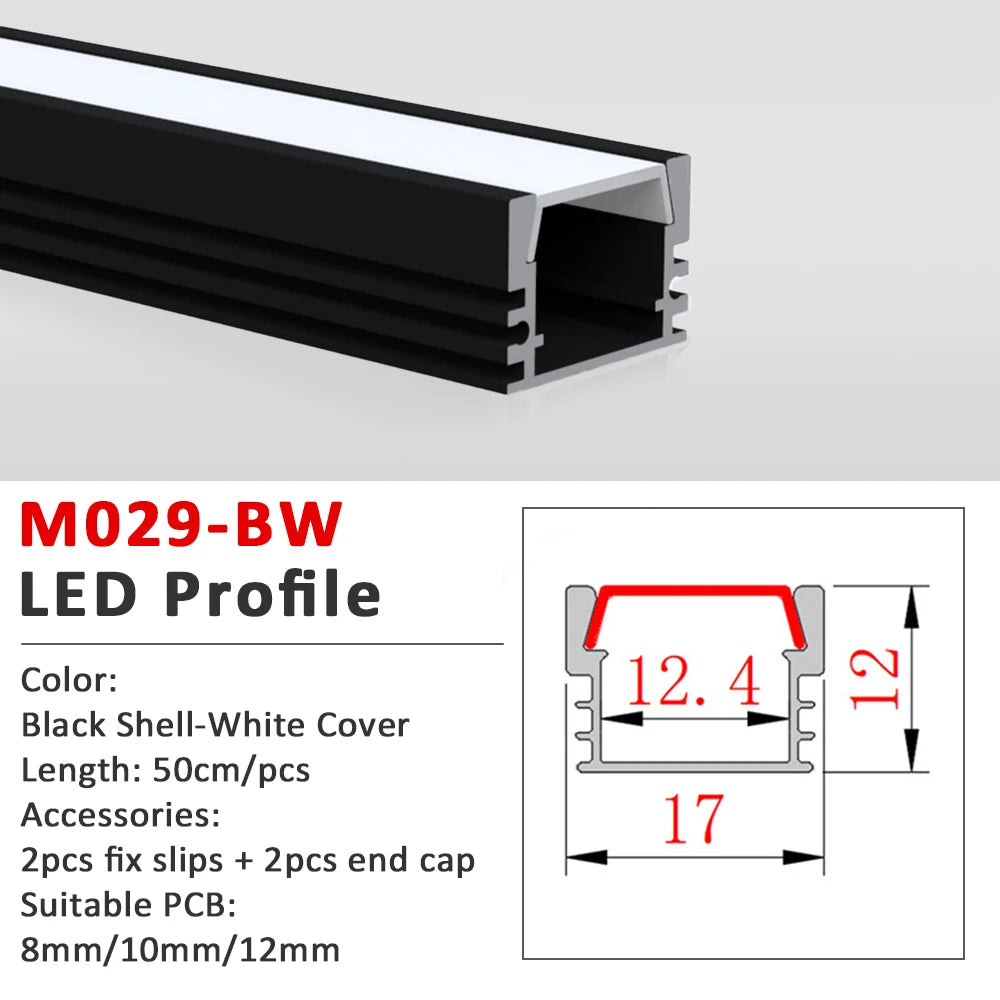 50CM LED Strip Light  Aluminium Profile Channel Silvery Black Diffuser PC Cover for 8mm/10mm/12mm Bar Cabinet Linear Lamp Decor