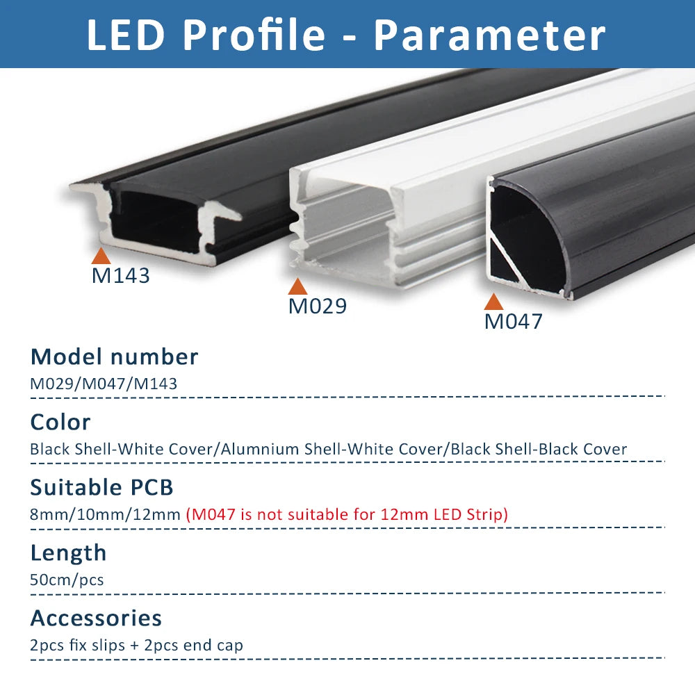 LED Strip Aluminum Profile 50CM Recessed Surface Mounted Aluminium Channel with Diffuser PC Cover for 8mm 10mm Linear Lighting