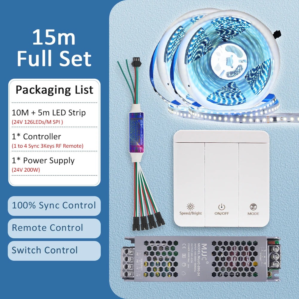 5M 10M 15M 20M Running Water Flowing LED Strip Light DC 24V WS2811 SMD2835 Horse Race Pixel Addressable Flexible Linear Lamp Set