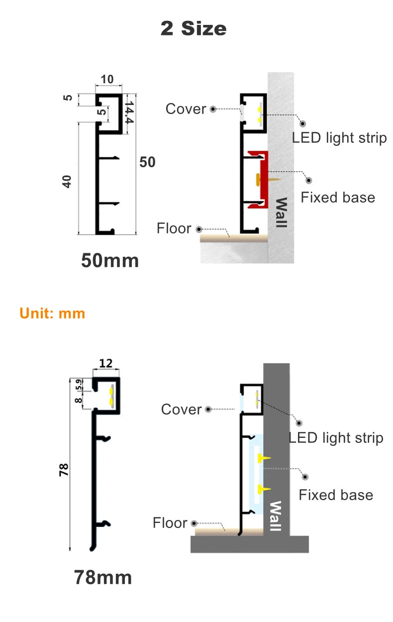 LED Aluminium Profile Baseboard 50/78mm 0.5M/1M Customized Hard Bar Light Suface Mounted Skirting Channel Linear Led lights