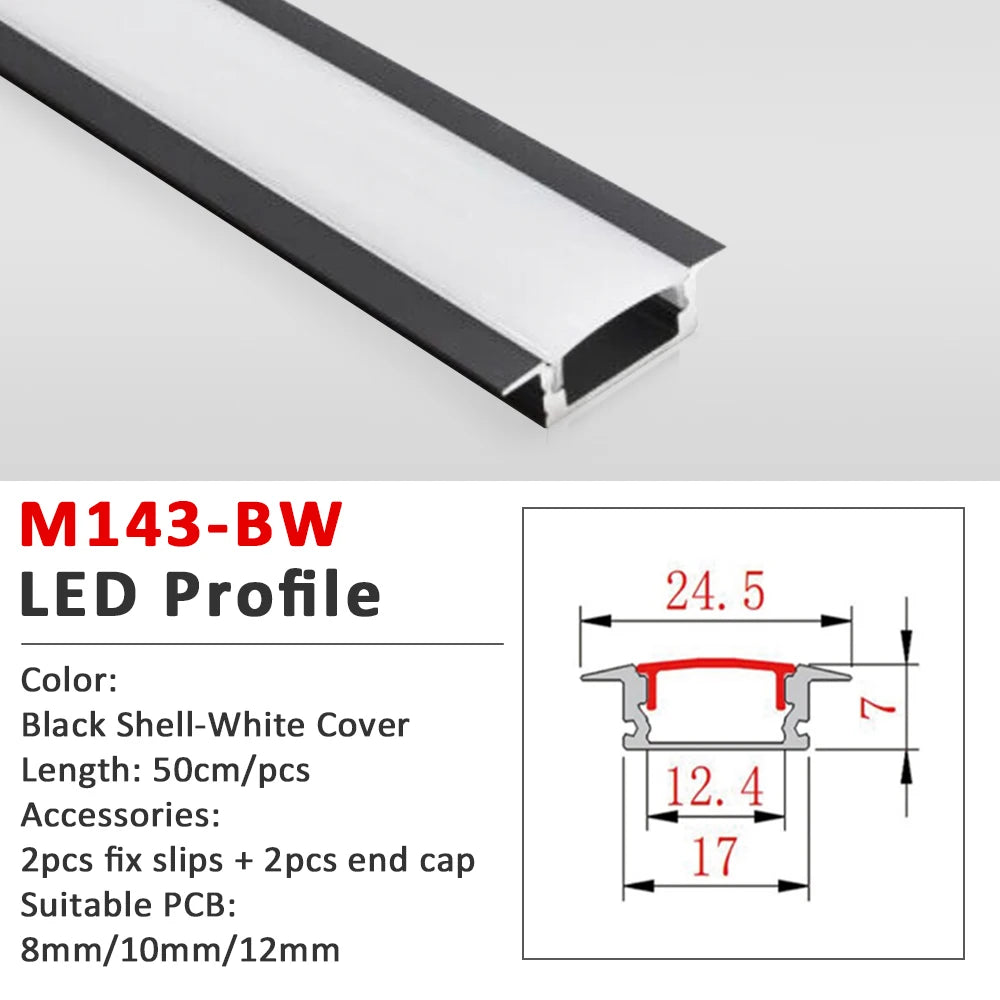 50CM LED Strip Light  Aluminium Profile Channel Silvery Black Diffuser PC Cover for 8mm/10mm/12mm Bar Cabinet Linear Lamp Decor