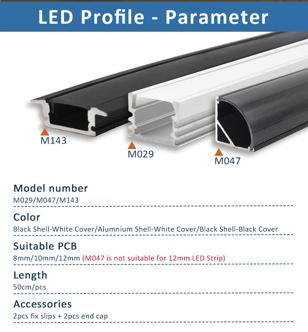 LED Strip Aluminum Profile 50CM Recessed Surface Mounted Aluminium Channel with Diffuser PC Cover for 8mm 10mm Linear Lighting