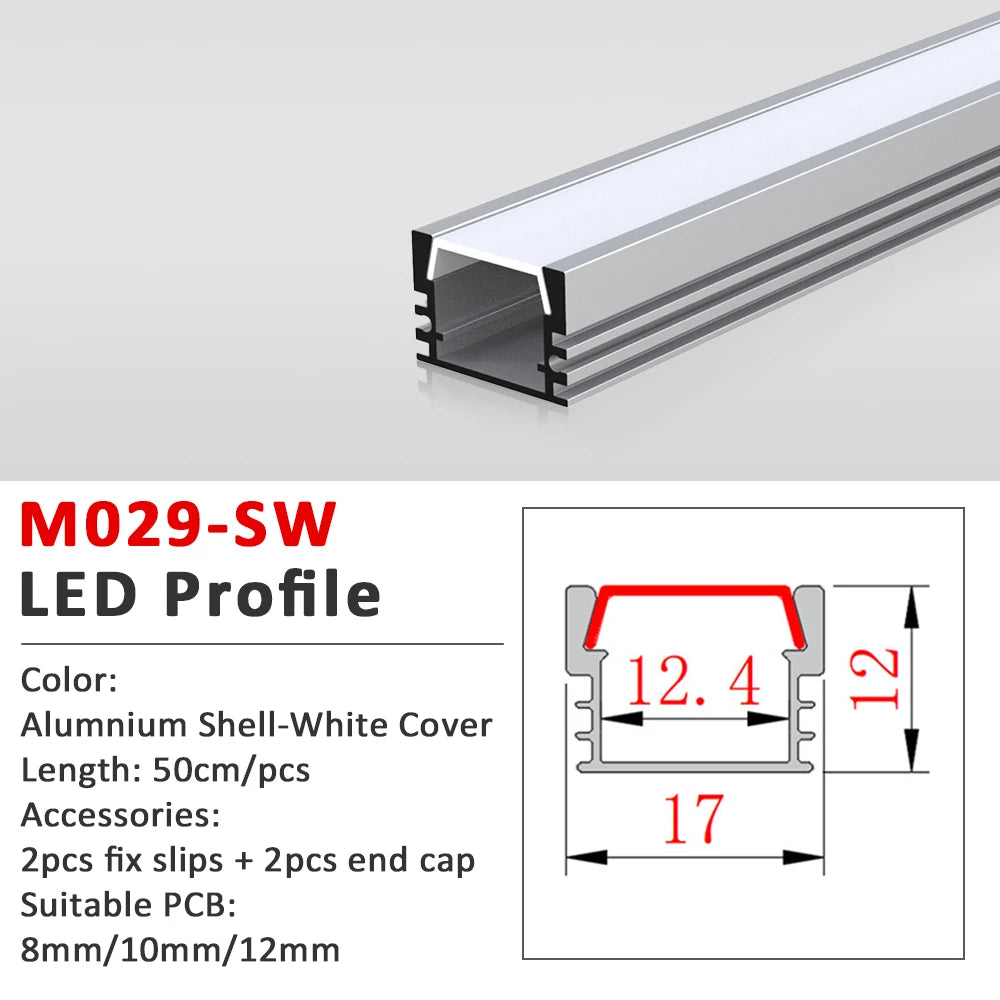 50CM LED Strip Light  Aluminium Profile Channel Silvery Black Diffuser PC Cover for 8mm/10mm/12mm Bar Cabinet Linear Lamp Decor