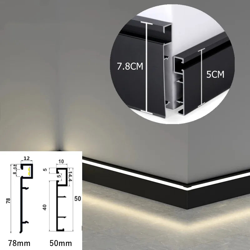 LED Aluminium Profile Baseboard 50/78mm 0.5M/1M Customized Hard Bar Light Suface Mounted Skirting Channel Linear Led lights