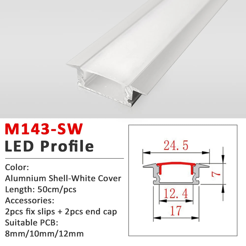 50CM LED Strip Light  Aluminium Profile Channel Silvery Black Diffuser PC Cover for 8mm/10mm/12mm Bar Cabinet Linear Lamp Decor