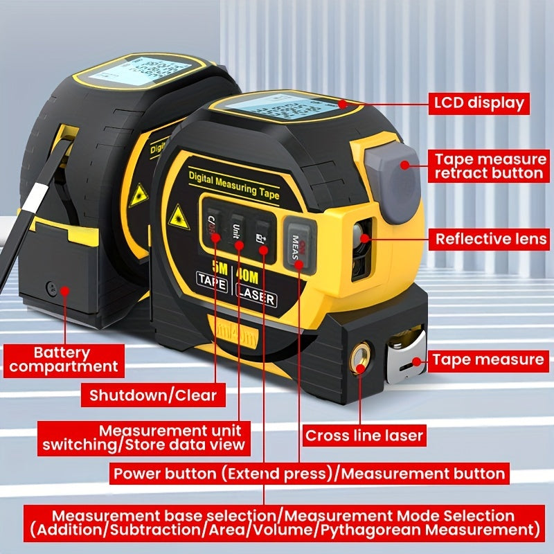 MIGPRC High-Precision Laser Rangefinder & Steel Tape Measure - Non-Waterproof, Alkaline Battery Powered